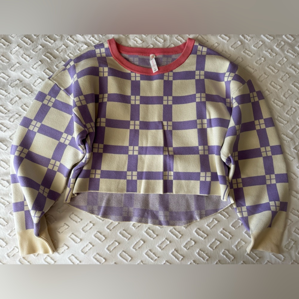 Anthropologie Daily Practice Purple and Cream Checkered Sweater Size Medium